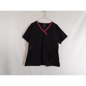 Dagacci Womens Black Pink Trim V-Neck Medical Scrub Top Pocketed Size L 2134
